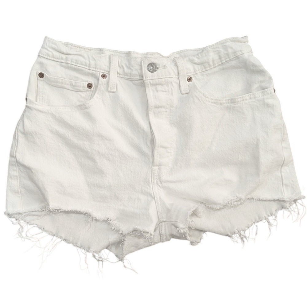 Levis 501 Hi Rise White Denim Cut Off Shorts Sz 30 Frayed Raw Hem Festival Indie